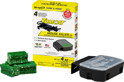 Packaged Tomcat Mouse Killer III refillable bait station with four green block baits and a black station.