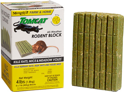 Packaged Tomcat All-Weather Rodent Block with four green 1 lb blocks shown next to the box.