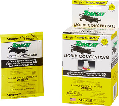 Packaged product: Motomco Farm & Ranch Tomcat Liquid Concentrate, 1.68 fl. oz. pouch, yellow and white packaging.