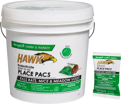 White pail with green and brown labels for Motomco Farm & Ranch Hawk Rodenticide Place Pacs, showing 8lbs net weight and a 1.5 oz sample packet.