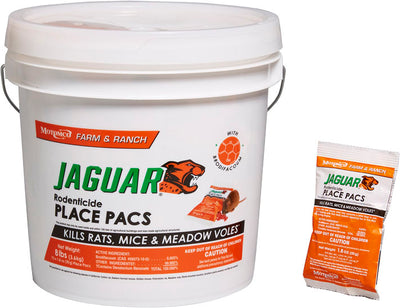 White pail with orange and green Jaguar Rodenticide Place Pacs label, showing a single orange packet beside it