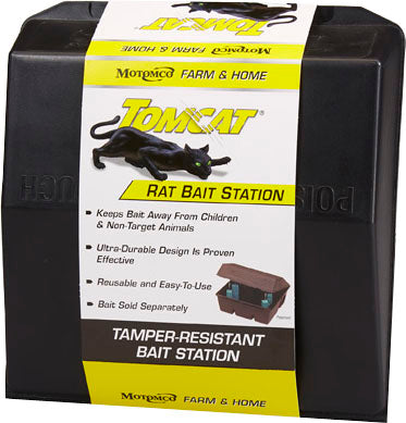Packaged Tomcat Tamper-Resistant Rat Bait Station in black, front view.