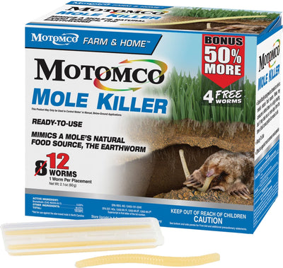 Front view of Motomco Farm & Home Mole Killer package with 12 worms and bonus 4 free worms.