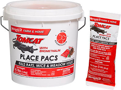 A white pail with red and black labels for Tomcat Place Pacs, showing a single 3 oz packet beside it.
