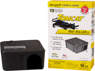 Packaged Tomcat Rat Killer II refillable bait station with black container and 15 bait refills.