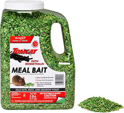 Packaged product: Tomcat Meal Bait jug with green granular contents, 5 lbs, front view.