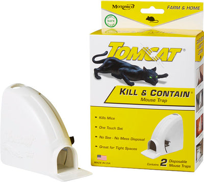 Packaged Tomcat Kill & Contain Mouse Trap, white, 2-pack, front view with product box and trap.