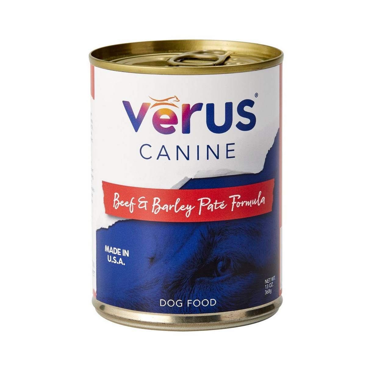 Front view of a Verus Canine Beef & Barley Pate Formula dog food can, 13 oz, blue and white label.