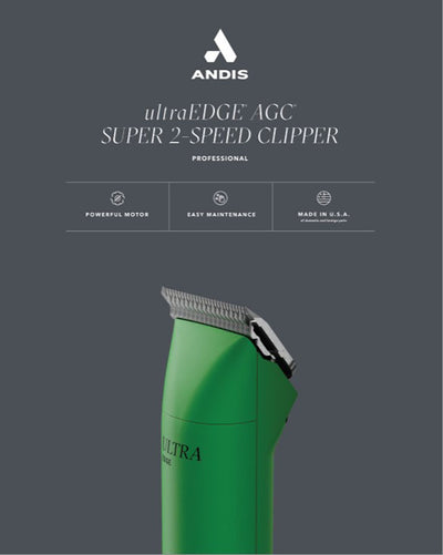 Green Andis ultraEDGE AGC Super 2-Speed Clipper close-up showing the blade and handle.