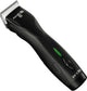 Black Andis Pulse Zr II cordless clipper with #10 blade, close-up view showing green power indicator and brand name.
