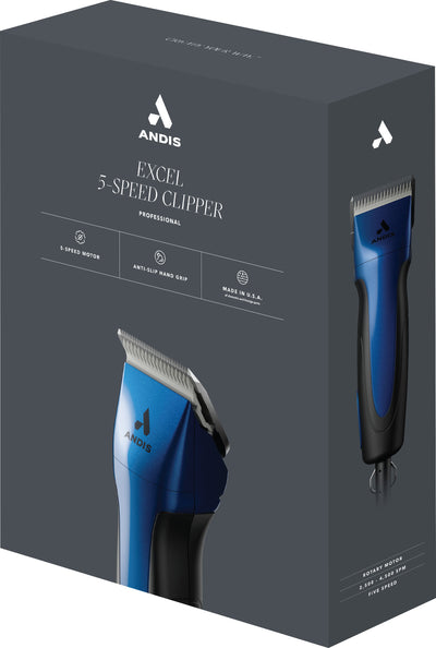 Packaged Andis Excel 5-Speed Clipper in indigo blue, showing front and side views on a dark gray box.