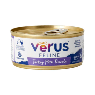 Front view of a Verus Feline Turkey Pate Formula canned cat food, gold can with purple and white label.