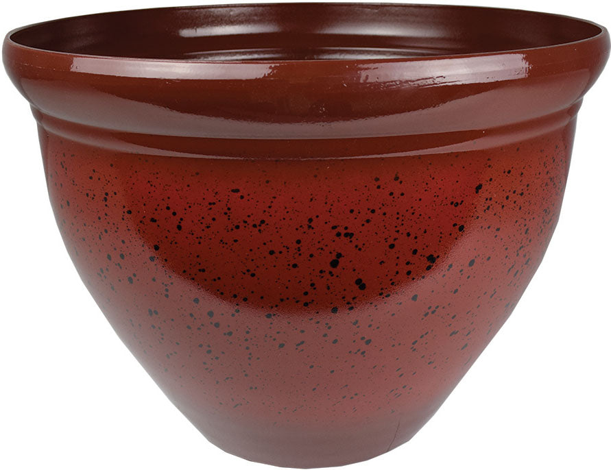 Close-up of a glossy red resin planter with black speckles, 16 inches in diameter.
