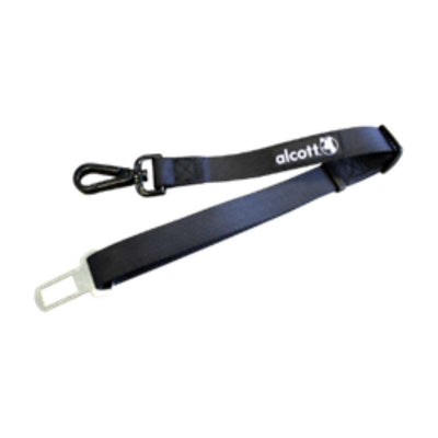 Close-up of a black Alcott Traveler Car Safety Belt with a metal hook and plastic buckle.