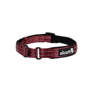 Close-up of a red Alcott martingale dog collar with black accents and brand label.
