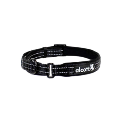 Close-up of a black Alcott martingale collar with white stitching and brand label.