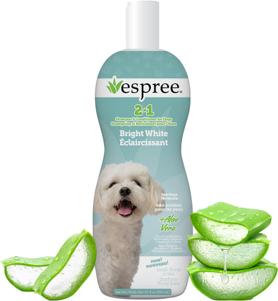 Front view of Espree Bright White 2-in-1 Shampoo & Conditioner bottle with a white dog and aloe vera slices.