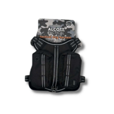 Black Alcott Tactical Harness with camouflage packaging, front view, packaged product