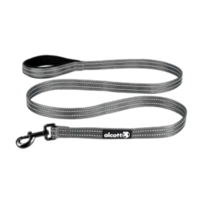 Grey Alcott Adventure nylon leash with black handle and metal hook, close-up view