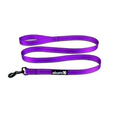 Close-up of a purple Alcott Adventure Nylon Wander Leash with white stitching and a black metal clip.