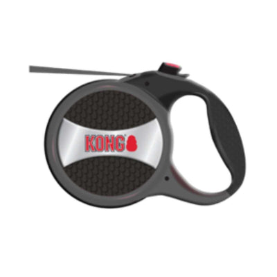 Grey retractable dog leash with KONG branding on the handle, close-up view.
