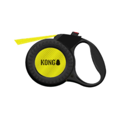 Black and yellow Kong retractable leash with a yellow strap extended, close-up front view