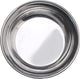 Close-up of a shiny stainless steel cat dish, 8 oz size, viewed from above.