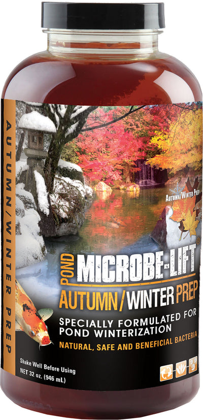 Packaged product: Microbe-Lift Autumn/Winter Pond Prep in a brown bottle with a black cap.
