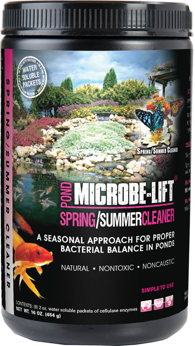 Packaged product: Microbe-Lift Spring/Summer Pond Cleaner container with black lid, pink and white label showing pond scene.