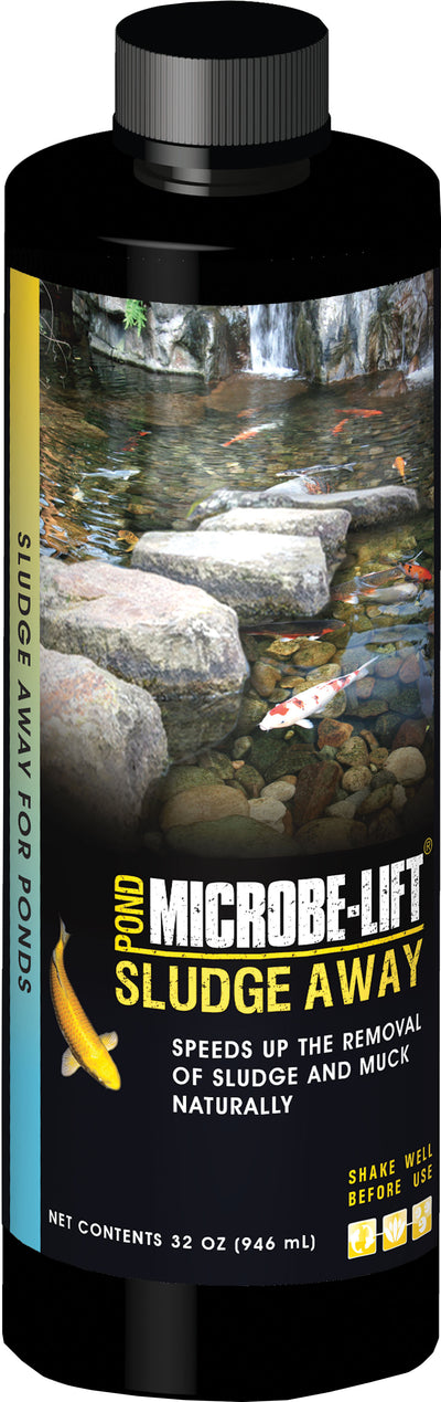 Packaged product: black bottle with yellow and blue label showing pond scene and text 'Microbe-Lift Sludge Away For Ponds'