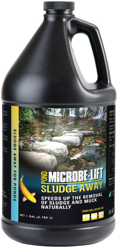 Black plastic jug of Microbe-Lift Sludge Away for ponds, 1 gallon, front view packaged product