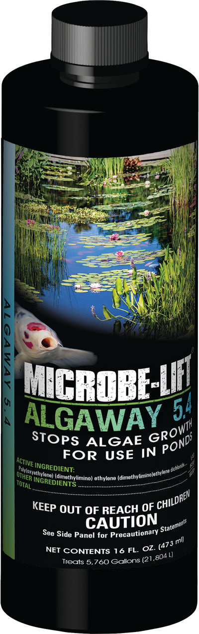 Black bottle of Microbe-Lift Algaway 5.4 algaecide for ponds, 16 fl oz, front view packaged product
