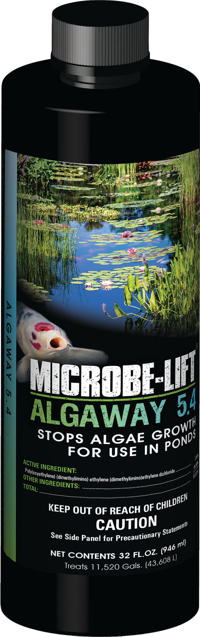 Black bottle of Microbe-Lift Algaway 5.4 algaecide for ponds, 32 fl oz, front view, packaged product