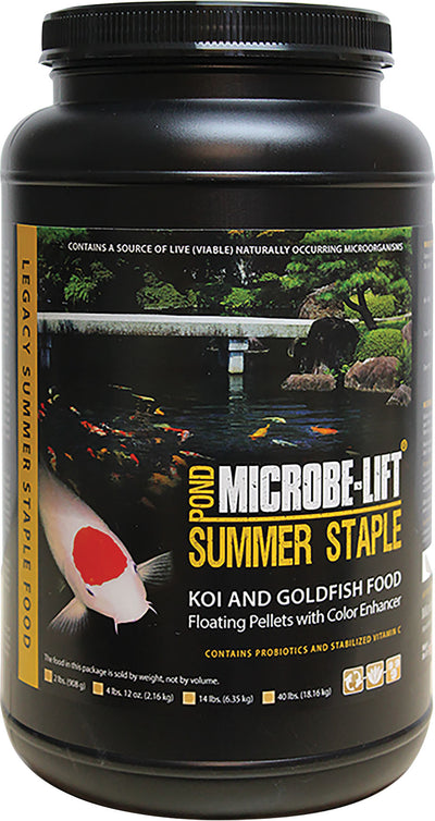 Black container of Microbe-Lift Summer Staple Koi and Goldfish Food, 2 lb, front view, packaged product