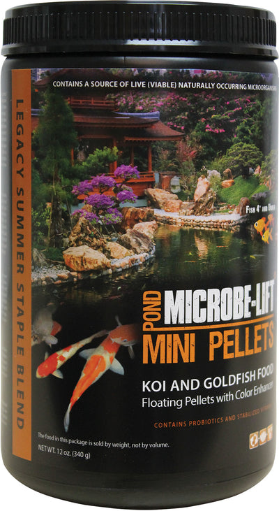 Packaged product: black container of Microbe-Lift Pond Mini Pellets for koi and goldfish, 12 oz.