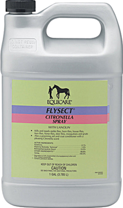 Front view of a white plastic container with a green label for Equicare Flysect Citronella Spray, 1 gallon size.
