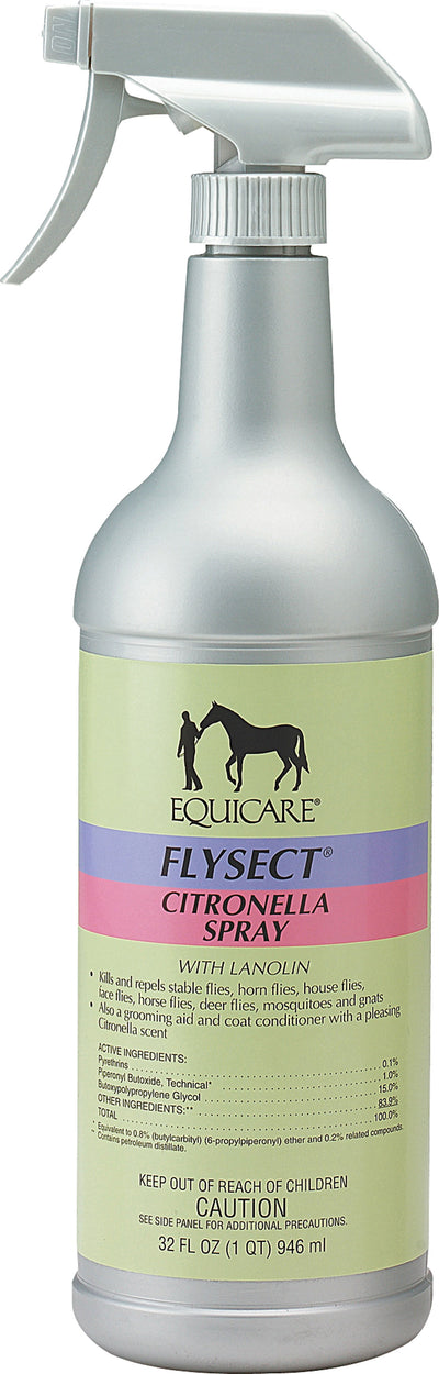 Front view of a silver spray bottle labeled Equicare Flysect Citronella Spray with Lanolin, 32 fl oz.