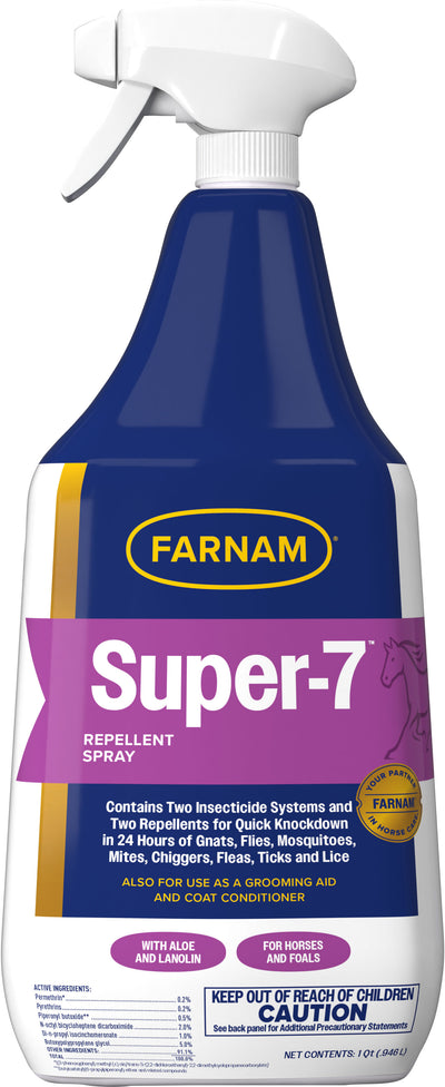 Farnam Super-7 Repellent Spray, 1 quart, blue and white bottle with spray nozzle