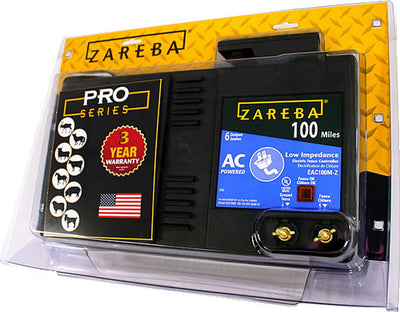 Packaged Zareba Pro Series AC-powered electric fence charger with 100-mile label and 3-year warranty badge.