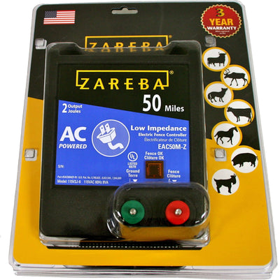 Packaged Zareba AC Low Impedance Electric Fence Controller with black and yellow packaging, showing the product front view.