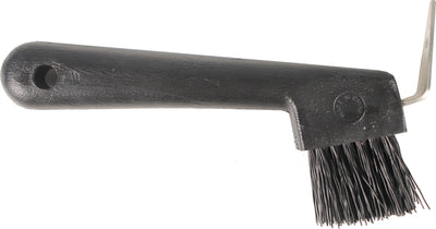 Close-up of a black hoof pick with brush attachment, showing handle and bristles.