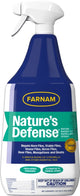 Front view of a blue and white Farnam Nature's Defense water-based fly repellent spray bottle, 32 fl oz.