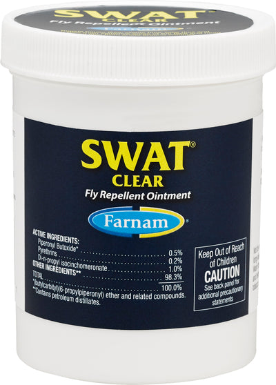 Front view of a white container with a dark blue label showing 'SWAT CLEAR Fly Repellent Ointment' by Farnam.
