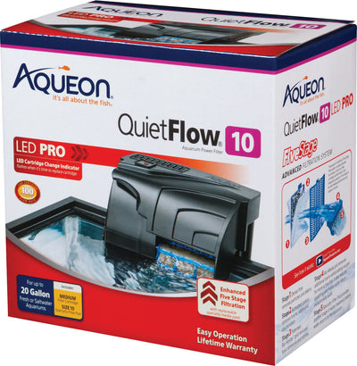 Packaged Aqueon QuietFlow 10 LED Pro aquarium power filter box showing product image and features.