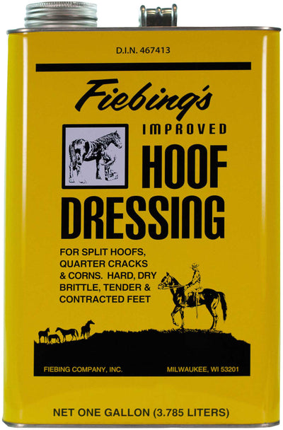 Yellow metal can of Fiebing's Improved Hoof Dressing with black text and horse illustrations, front view.
