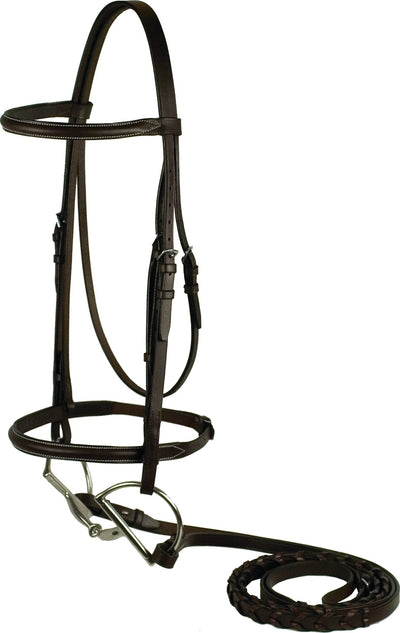 Gatsby Plain Raised English Bridle in Havana color, side view, close-up of leather headpiece and reins.
