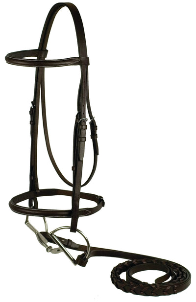 Gatsby Plain Raised English Bridle in Havana color, front view, close-up of leather headpiece and reins.