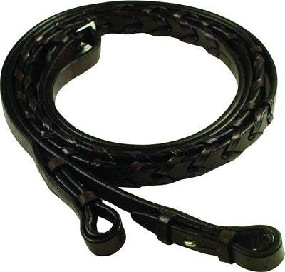 Close-up of Gatsby Flat Laced Reins in Havana color, 5/8X54 IN size, showing braided leather with metal hardware.