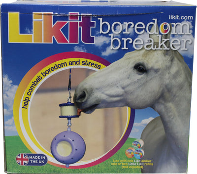 Packaged Likit Boredom Breaker product box showing a horse interacting with a purple and yellow hanging toy.