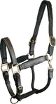 Gatsby Adjustable Padded Leather Halter in Havana color, front view close-up of black leather with brass hardware